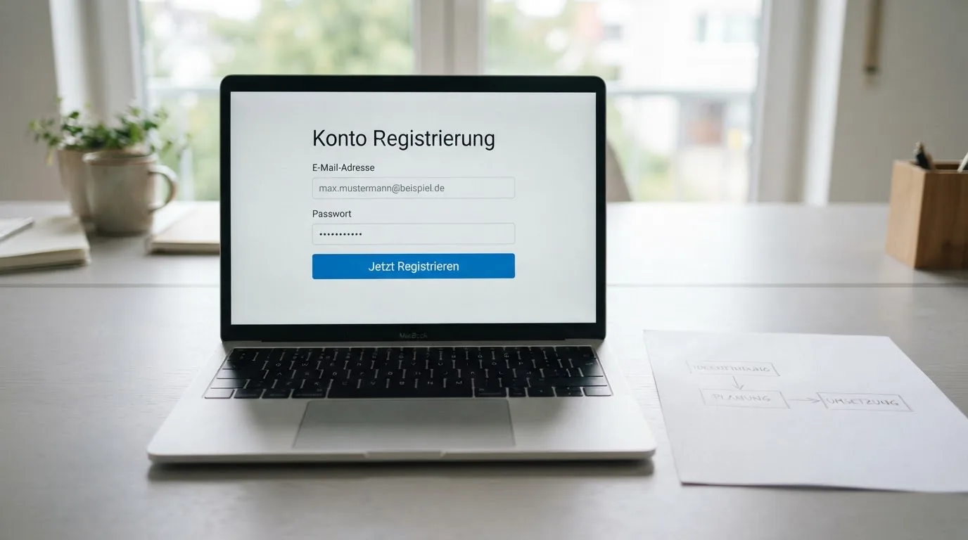 Nahaufnahme eines Laptop-Bildschirms mit einem Formular zur Kontoeroeffnung, daneben ein Blatt Papier mit einer handgezeichneten Ablaufskizze.