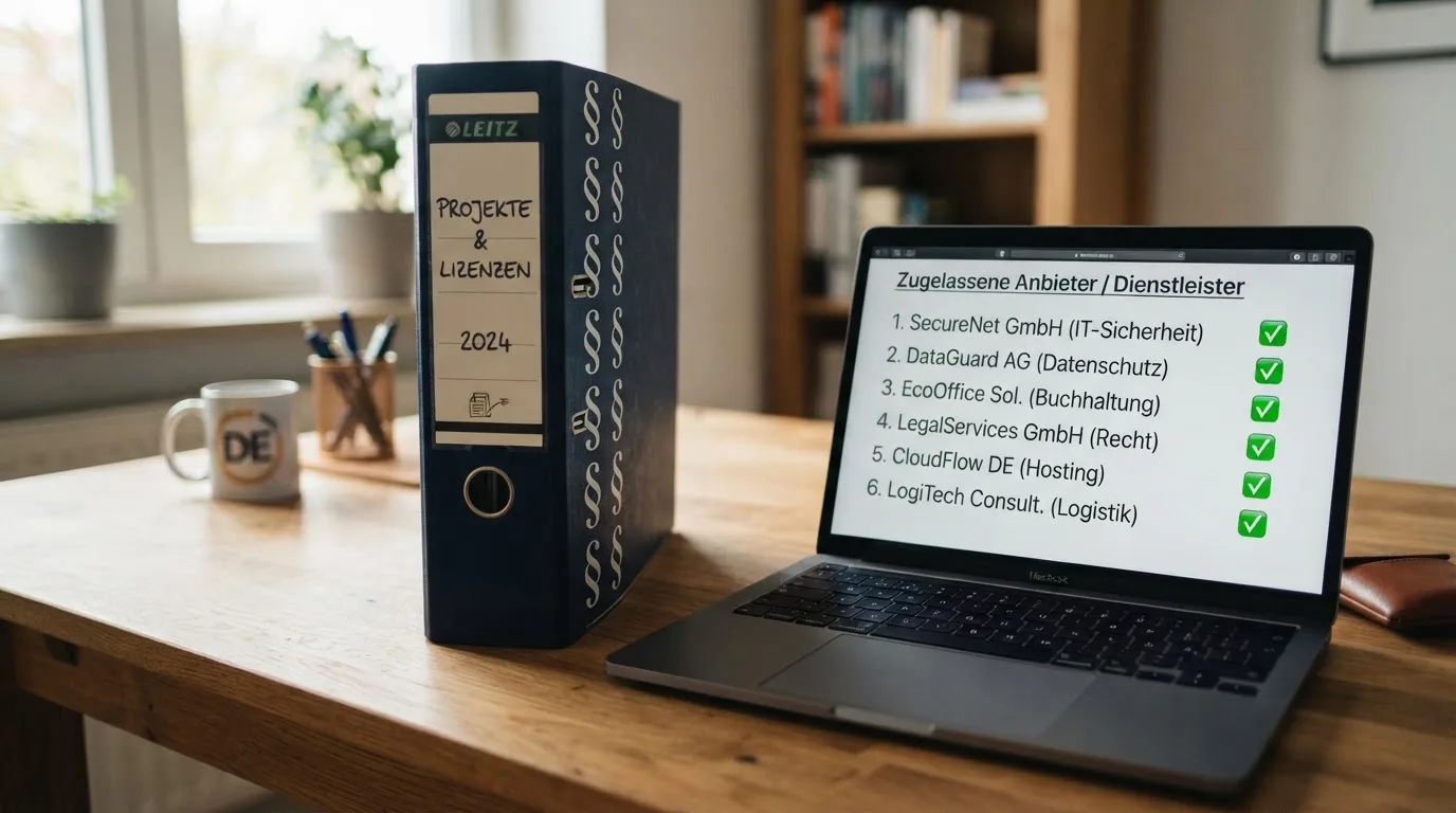 Nahaufnahme eines Aktenordners mit Paragraphenzeichen auf dem Ruecken, daneben ein aufgeklapptes Notebook mit einer Uebersichtsliste lizenzierter Anbieter.