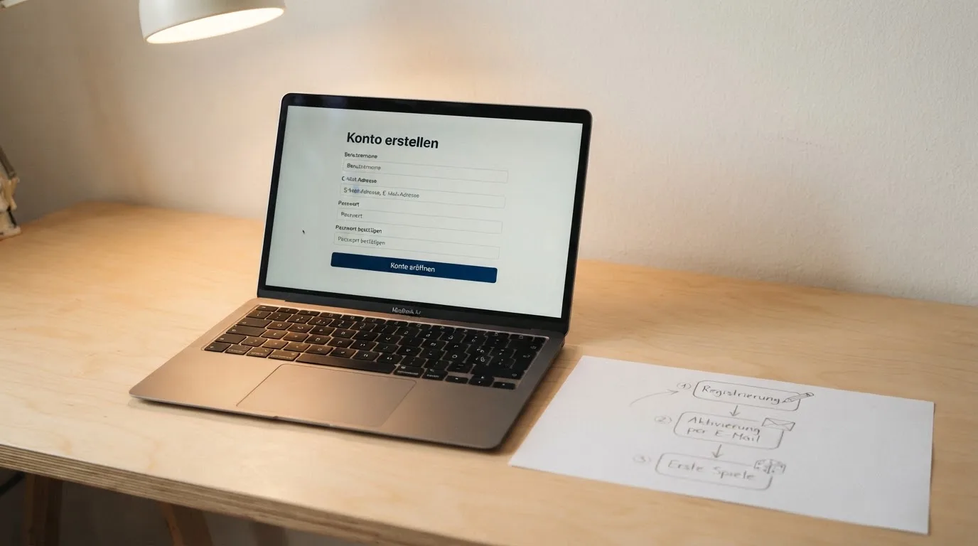 Nahaufnahme eines Laptop-Bildschirms mit einem Formular zur Kontoeroeffnung, daneben ein Blatt Papier mit einer handgezeichneten Ablaufskizze.