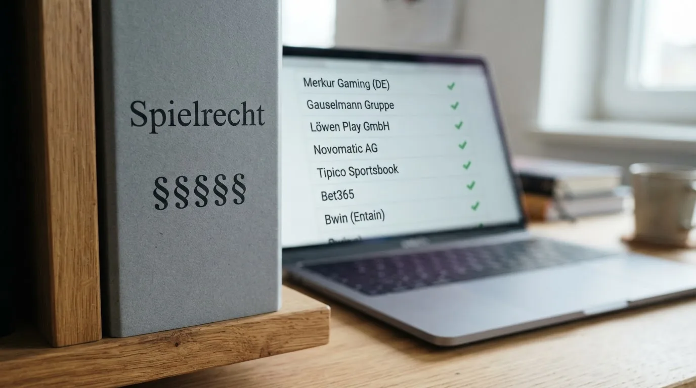 Nahaufnahme eines Aktenordners mit Paragraphenzeichen auf dem Ruecken, daneben ein aufgeklapptes Notebook mit einer Uebersichtsliste lizenzierter Anbieter.