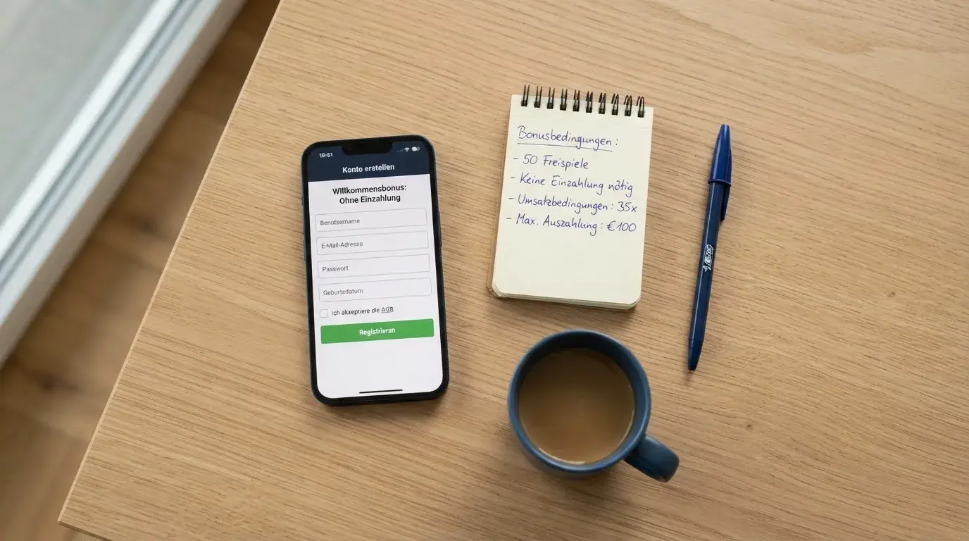 Draufsicht auf ein Smartphone mit einer geoeffneten Registrierungsmaske fuer ein Spielerkonto, daneben ein Notizblock mit handschriftlichen Bonusbedingungen.
