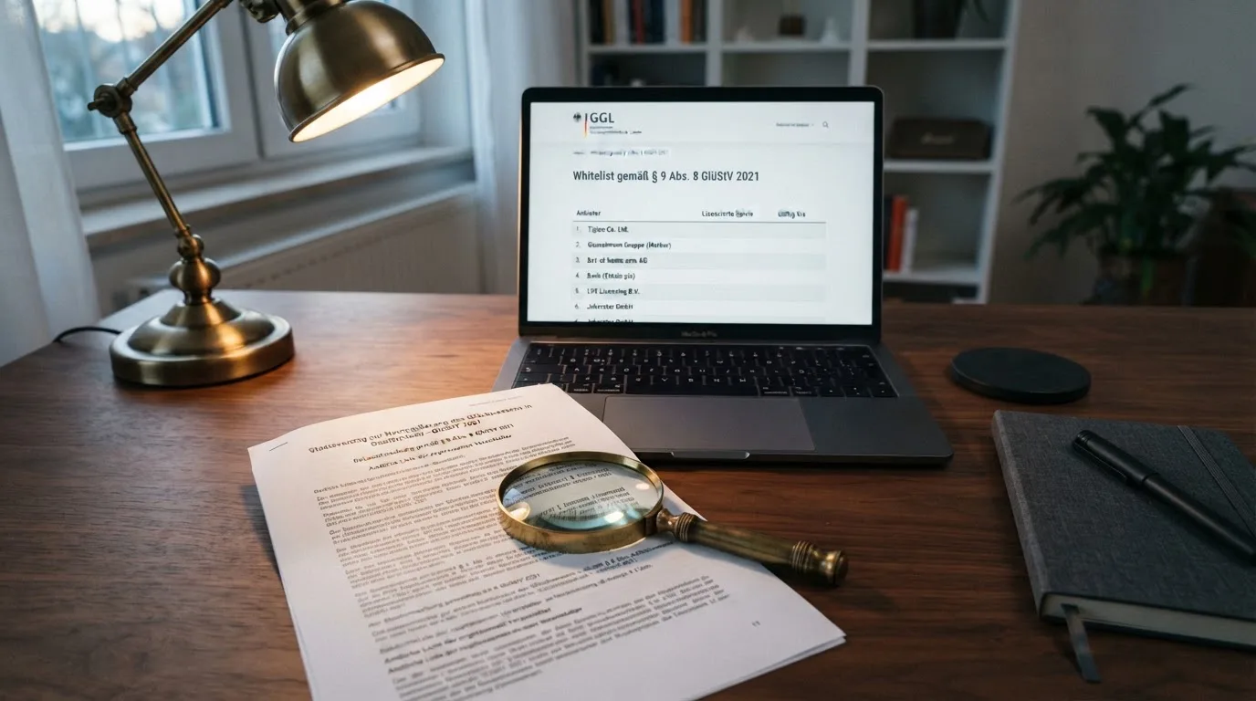 Schreibtisch mit einem ausgedruckten Gesetzestext, einer Lupe und einem Laptop, auf dessen Bildschirm eine Behoerdenwebsite mit einer Liste erlaubter Anbieter zu sehen ist.