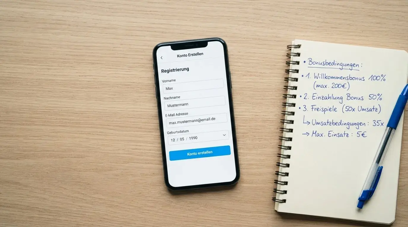 Draufsicht auf ein Smartphone mit einer geoeffneten Registrierungsmaske fuer ein Spielerkonto, daneben ein Notizblock mit handschriftlichen Bonusbedingungen.