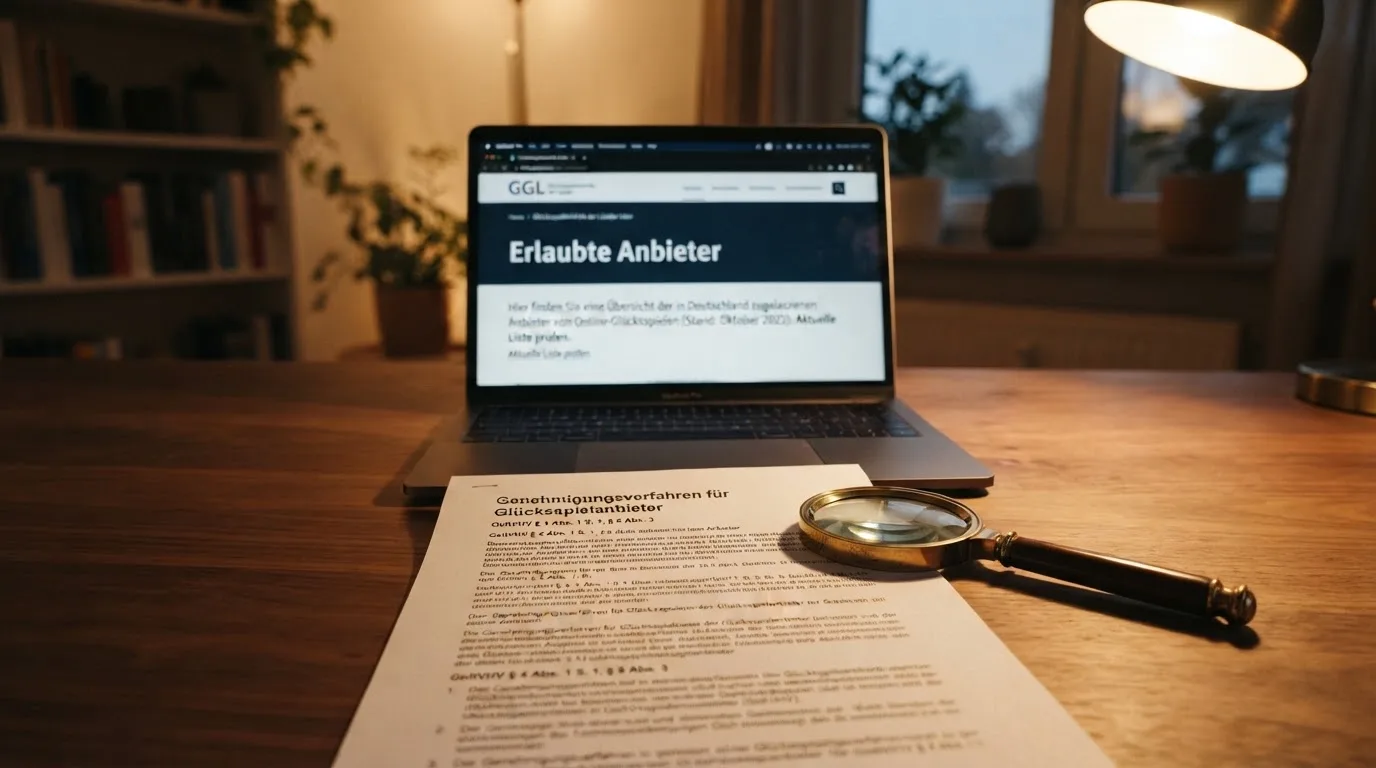 Schreibtisch mit einem ausgedruckten Gesetzestext, einer Lupe und einem Laptop, auf dessen Bildschirm eine Behoerdenwebsite mit einer Liste erlaubter Anbieter zu sehen ist.