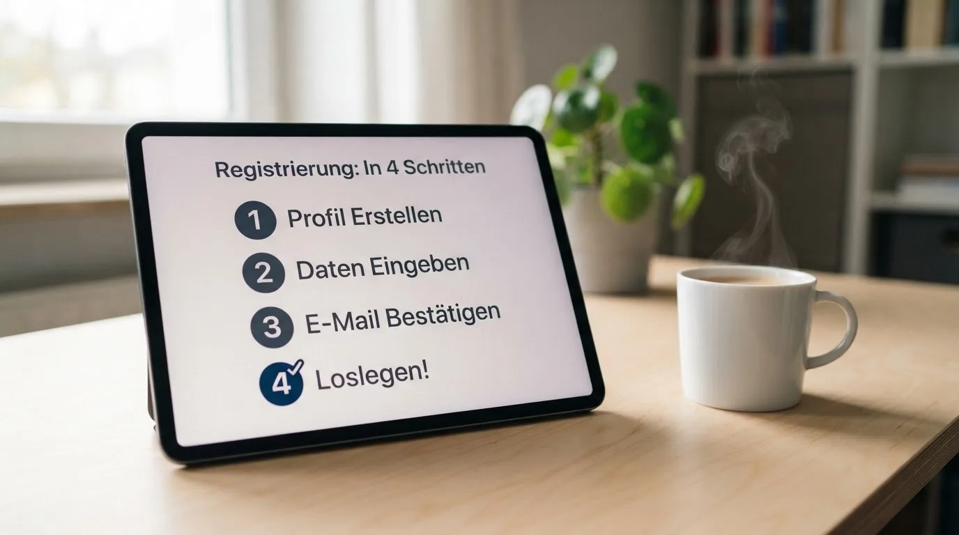 Schreibtisch mit einem Tablet, auf dem ein Schema mit nummerierten Schritten eines Anmeldevorgangs zu sehen ist, daneben ein Kaffeebecher.