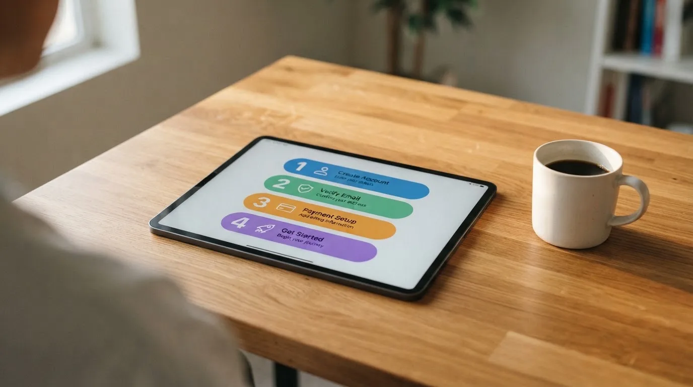 Schreibtisch mit einem Tablet, auf dem ein Schema mit nummerierten Schritten eines Anmeldevorgangs zu sehen ist, daneben ein Kaffeebecher.