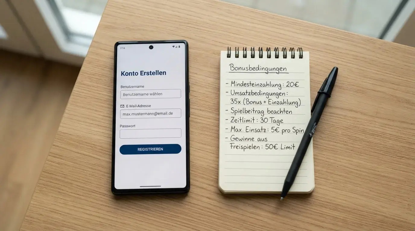 Draufsicht auf ein Smartphone mit einer geoeffneten Registrierungsmaske fuer ein Spielerkonto, daneben ein Notizblock mit handschriftlichen Bonusbedingungen.