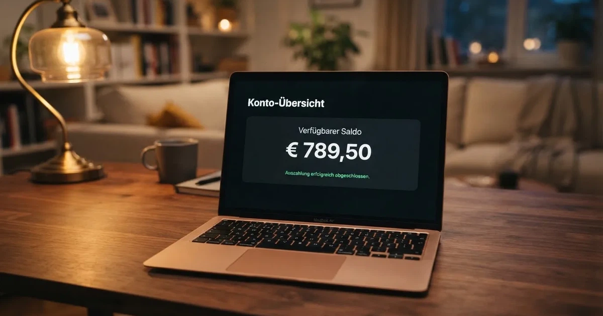 Nahaufnahme eines Laptop-Bildschirms mit einer Kontouebersicht, auf der ein Guthabenbetrag in Euro und ein Auszahlungsstatus zu sehen sind.