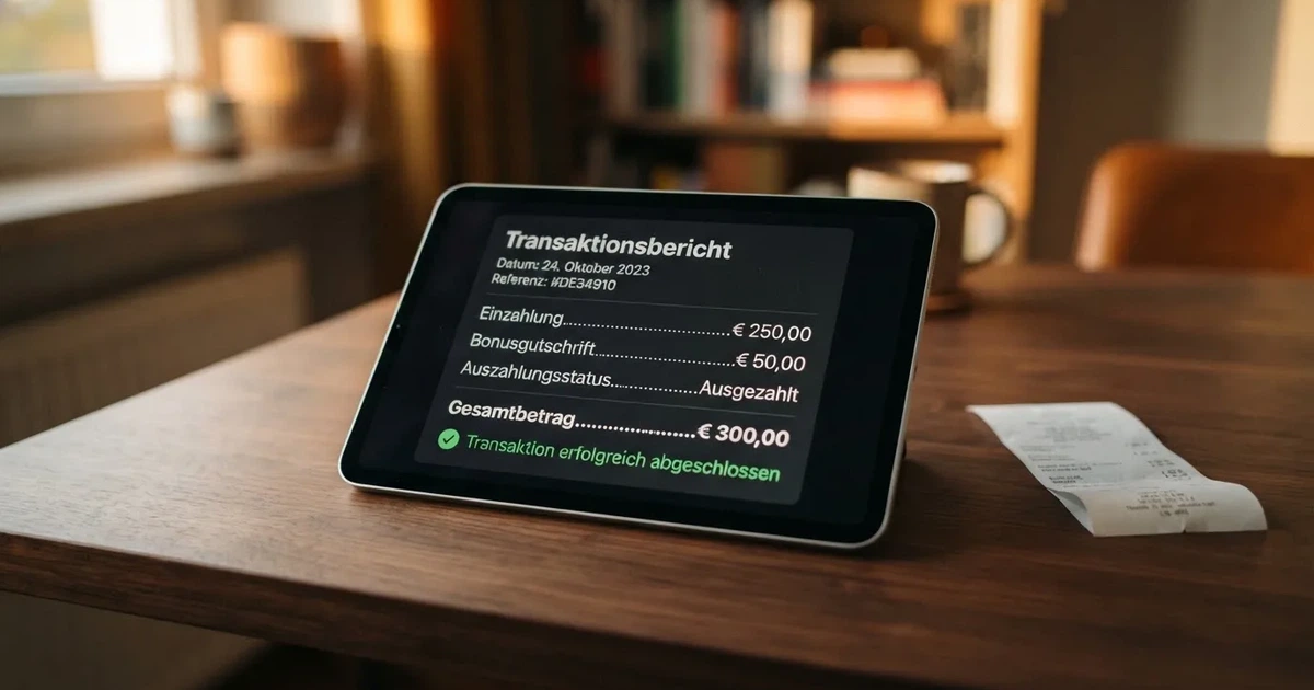 Nahaufnahme eines Tablet-Bildschirms mit einer Transaktionsliste, in der Einzahlung, Bonusgutschrift und Auszahlungsstatus untereinander aufgefuehrt sind.