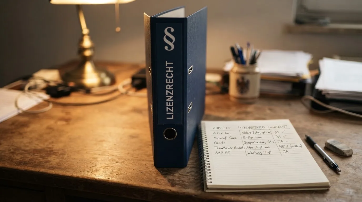 Nahaufnahme eines Aktenordners mit Paragraphenzeichen auf dem Ruecken, daneben ein aufgeklapptes Notebook mit einer Uebersichtsliste lizenzierter Anbieter.