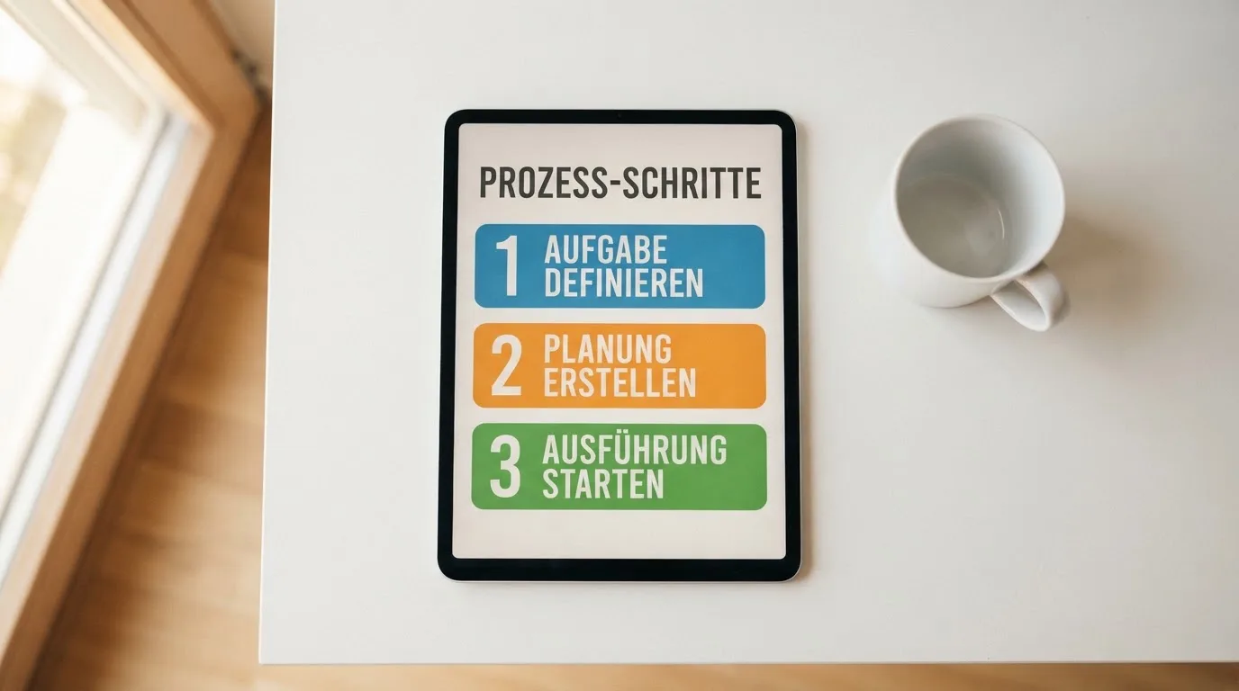 Schreibtisch mit einem Tablet, auf dem ein Schema mit nummerierten Schritten eines Anmeldevorgangs zu sehen ist, daneben ein Kaffeebecher.
