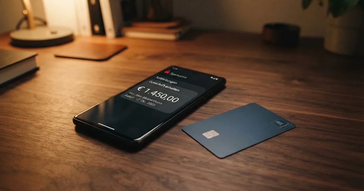 Schreibtisch mit einem Smartphone, auf dessen Bildschirm eine Kontobewegung mit Datum und Betrag in Euro angezeigt wird, daneben eine Bankkarte.