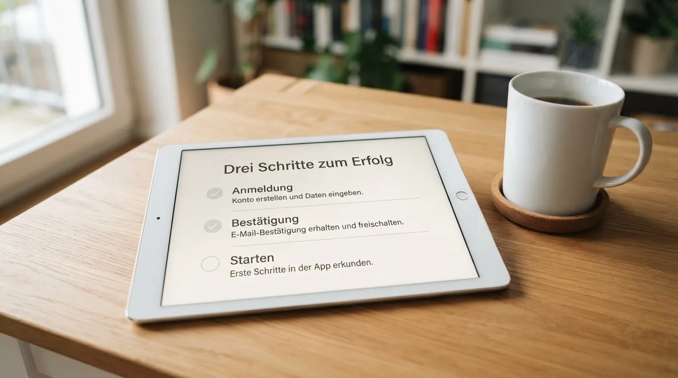 Schreibtisch mit einem Tablet, auf dem ein Schema mit nummerierten Schritten eines Anmeldevorgangs zu sehen ist, daneben ein Kaffeebecher.
