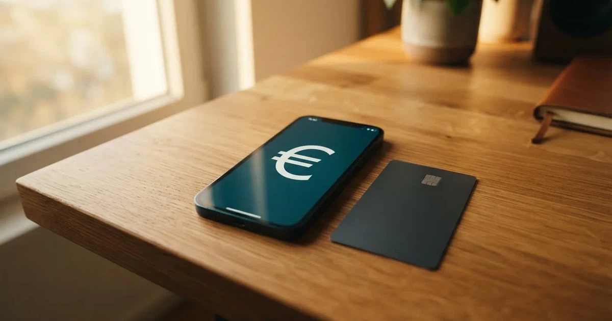 Schreibtisch mit einem Smartphone, auf dessen Bildschirm eine Kontobewegung mit Datum und Betrag in Euro angezeigt wird, daneben eine Bankkarte.