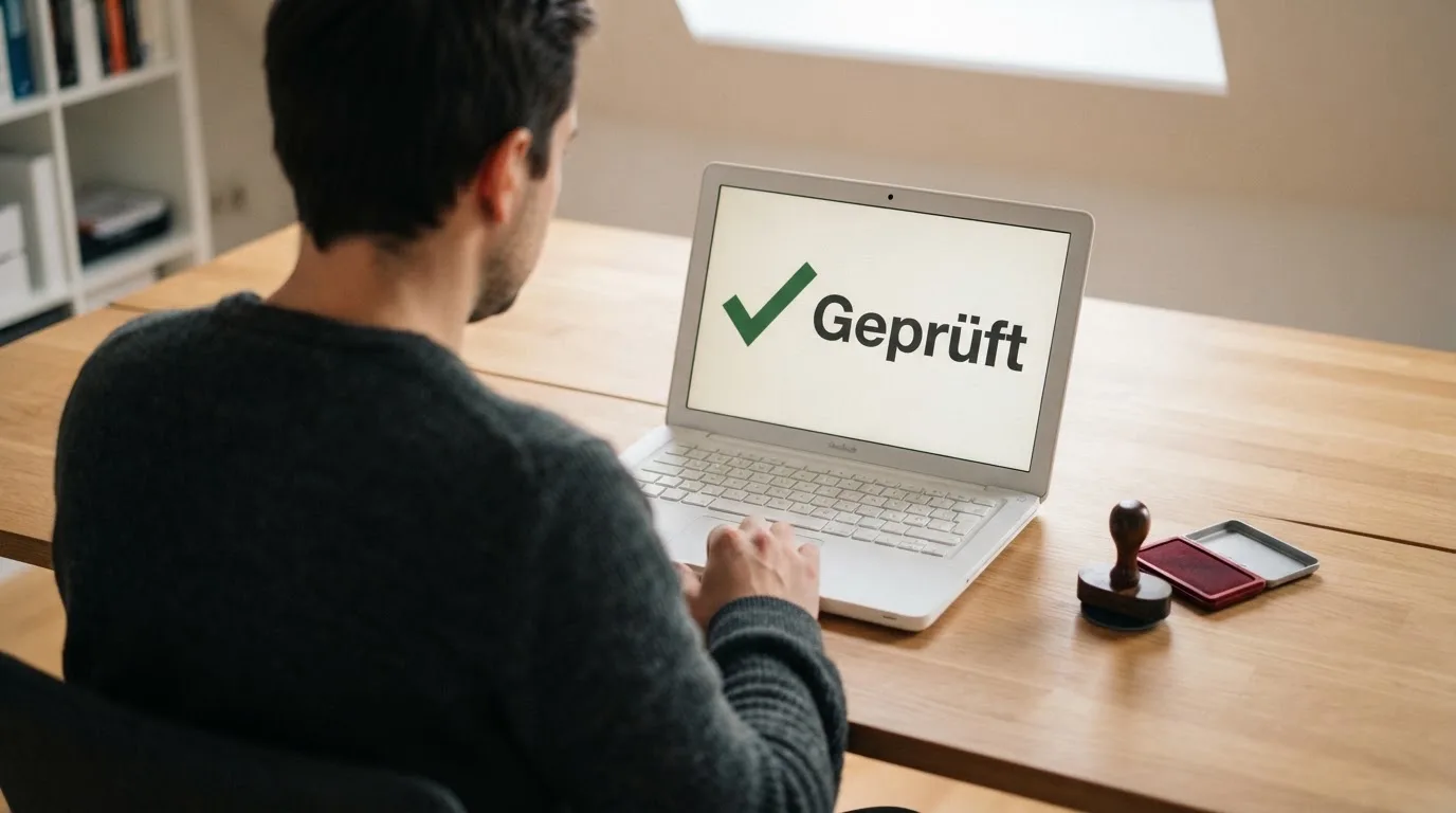 Schreibtisch mit einem gedruckten Amtsdokument, einem Stempel und einem Bildschirm, auf dem eine offizielle Whitelist-Tabelle angezeigt wird.