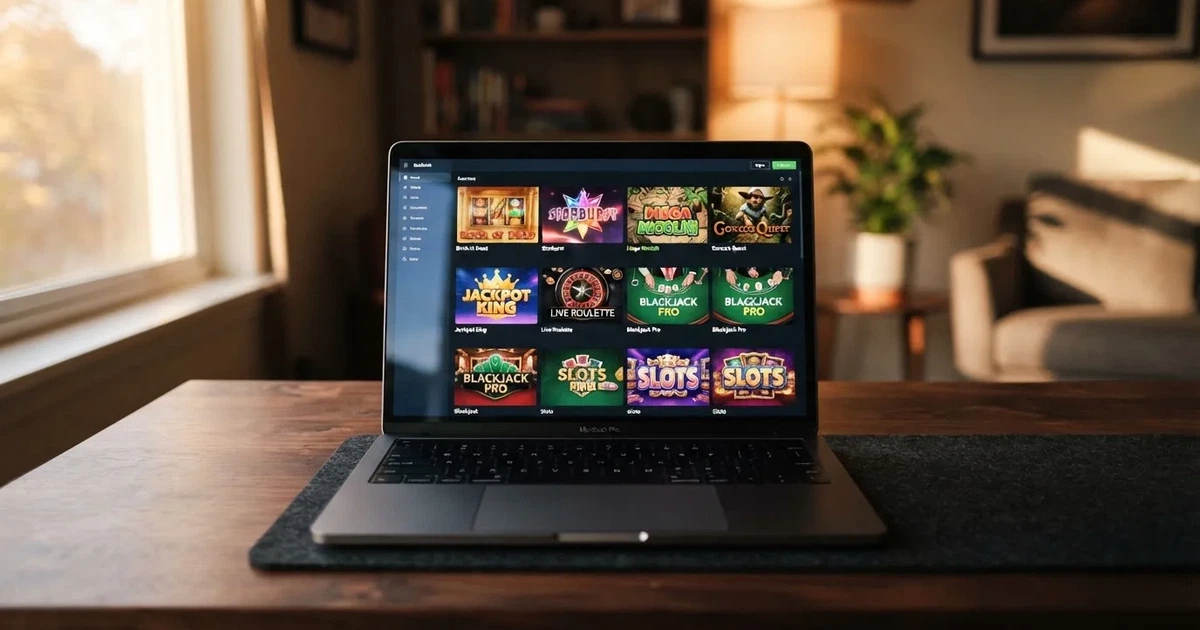Bildschirm mit einer Rasteransicht mehrerer Automatenspiel-Kacheln in einem Online-Casino.