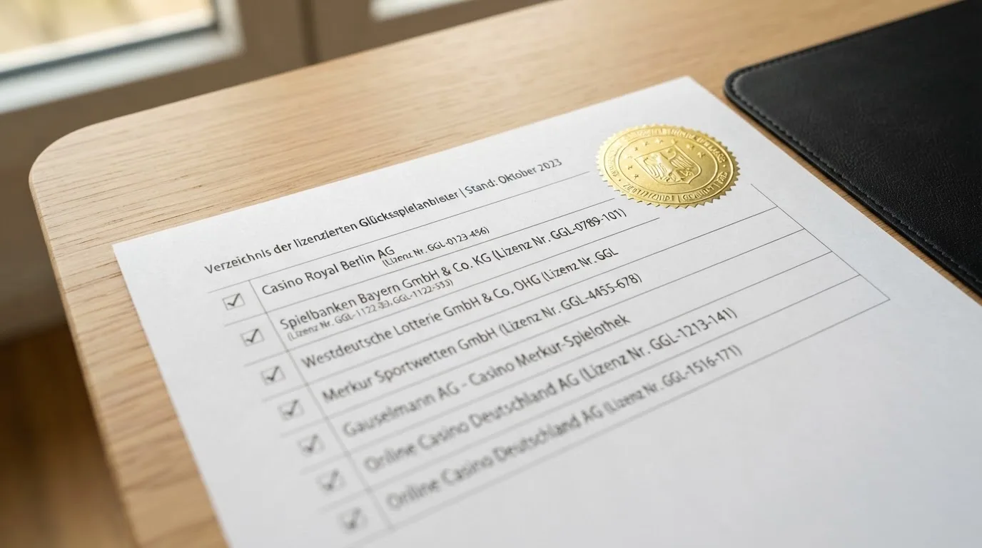 Nahaufnahme einer gedruckten Liste zugelassener Glücksspielanbieter neben einem amtlichen Prüfsiegel.