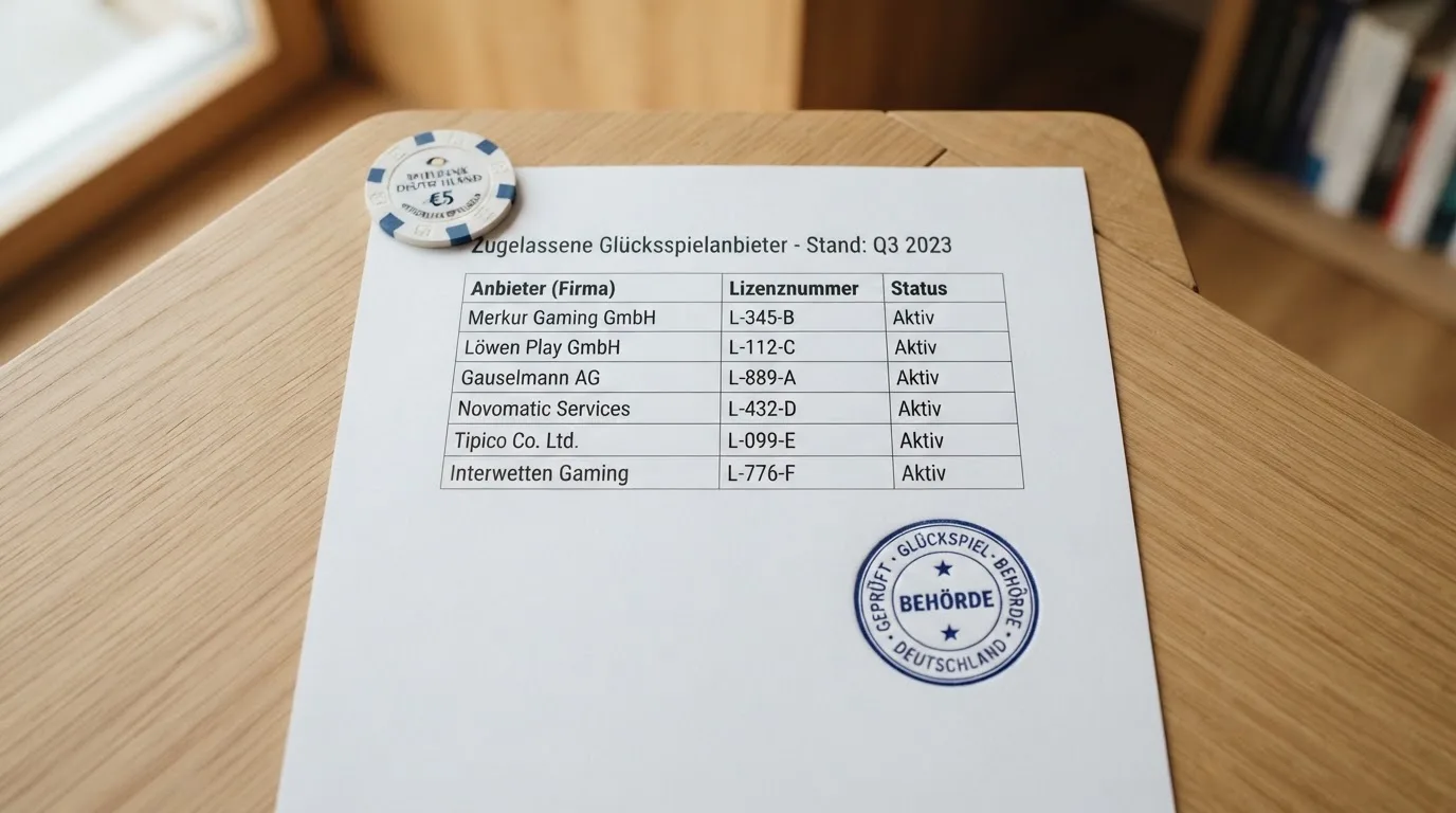 Nahaufnahme einer gedruckten Anbieterliste neben einem amtlichen Prüfsiegel.