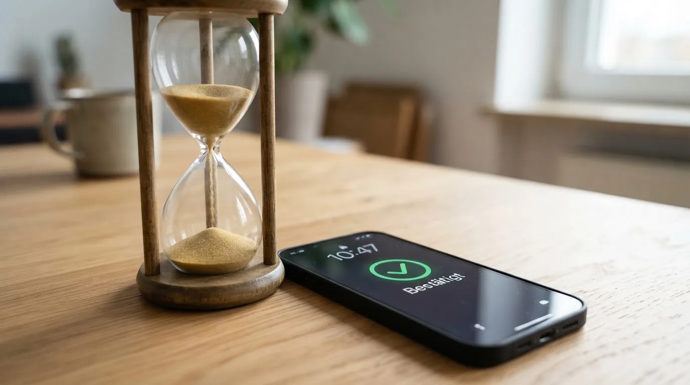 Nahaufnahme einer Sanduhr neben einem Smartphone-Bildschirm mit einer Zahlungsbestätigung.