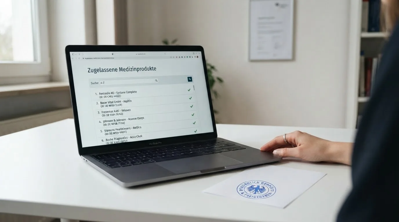 Nahaufnahme einer gedruckten Anbieterliste neben einem amtlichen Prüfsiegel.