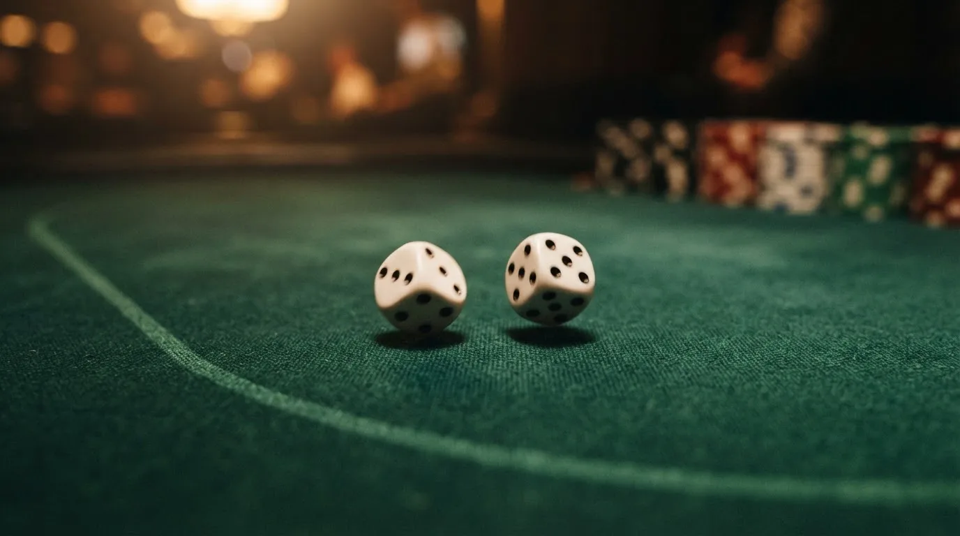 Nahaufnahme zweier rollender Würfel auf einem grünen Spieltisch.
