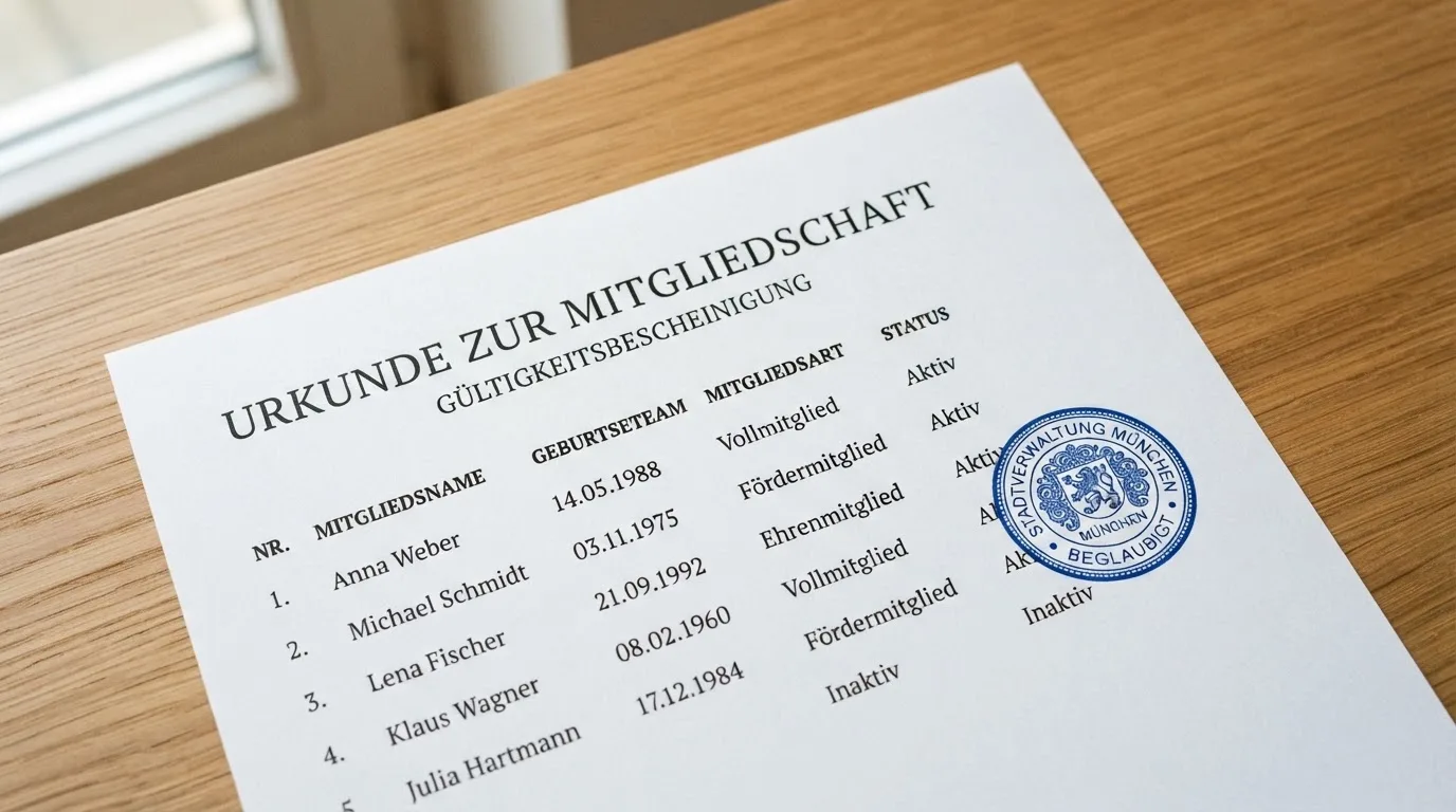 Nahaufnahme einer gedruckten Anbieterliste neben einem amtlichen Prüfsiegel.