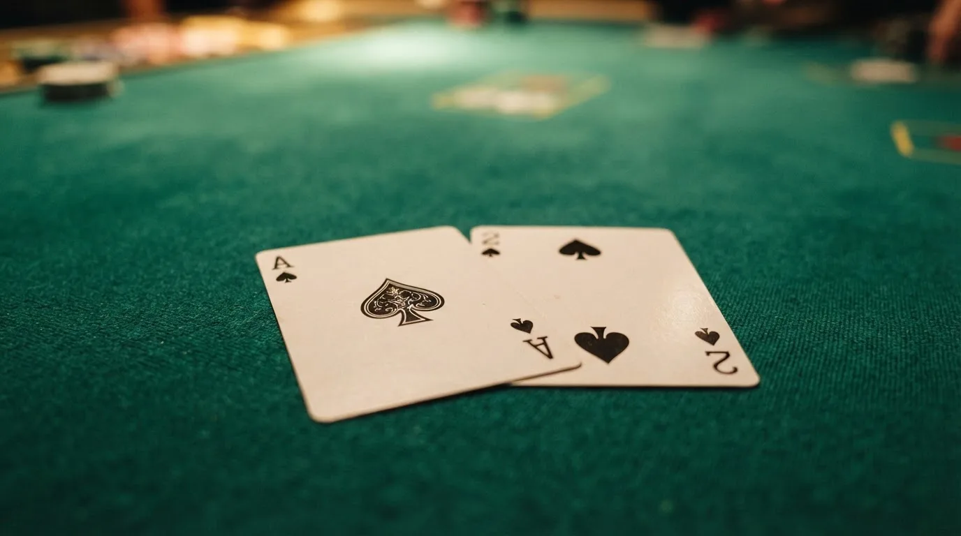 Nahaufnahme zweier aufgedeckter Spielkarten neben einem grünen Kartentisch.