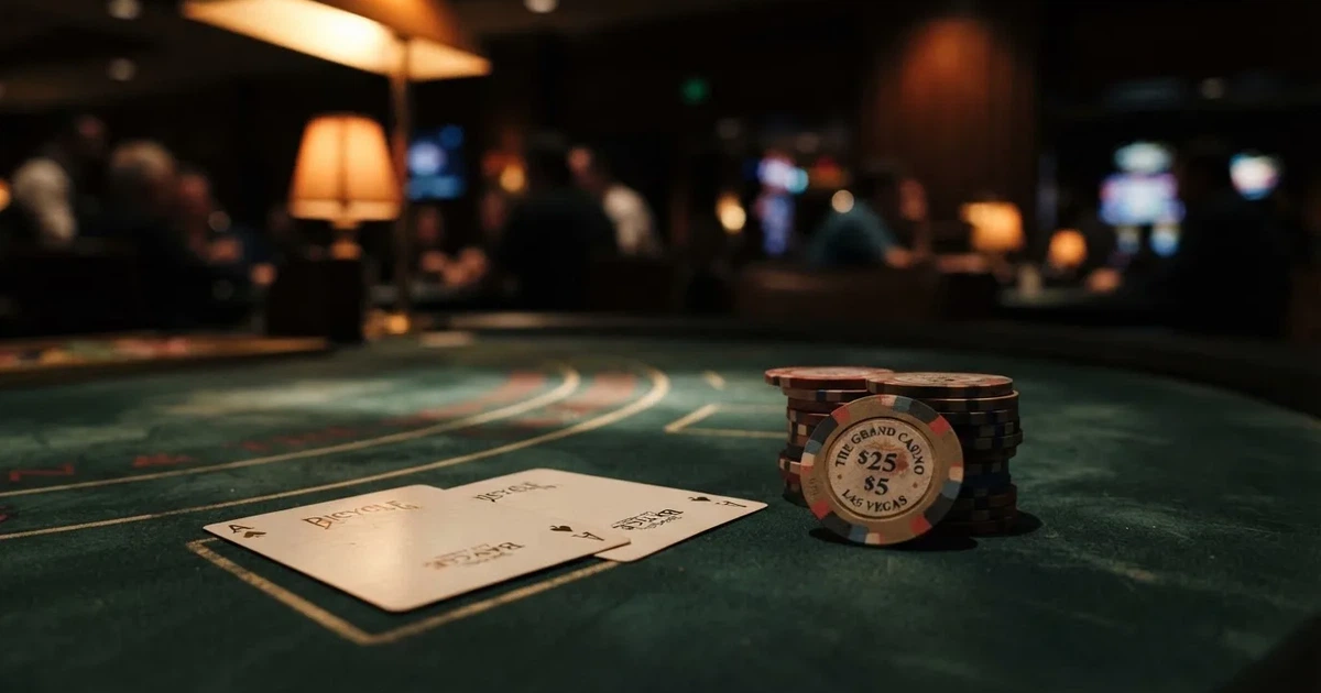 Nahaufnahme eines Blackjack-Tisches mit Spielkarten und Chips.