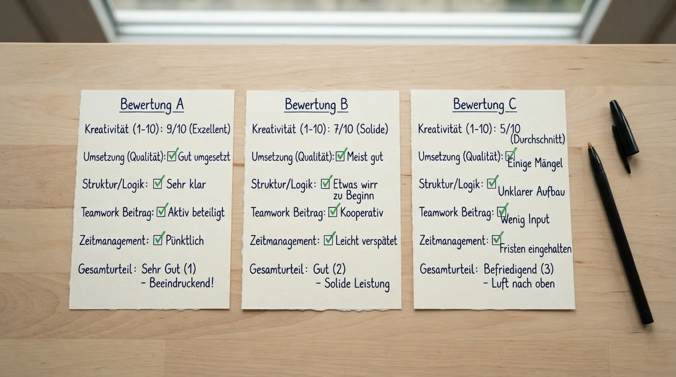 Draufsicht auf mehrere Notizzettel mit handschriftlichen Bewertungspunkten nebeneinander.