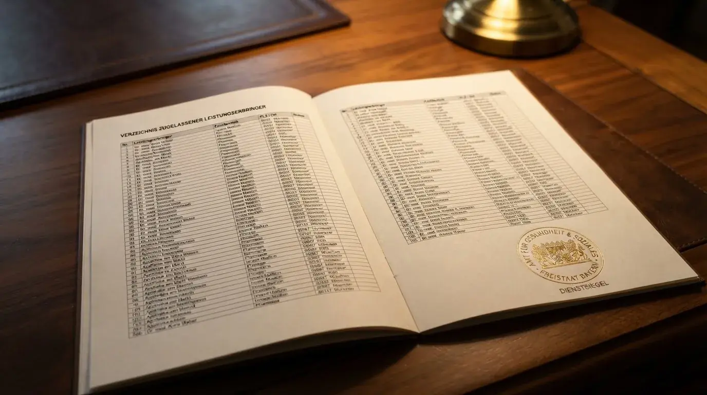 Nahaufnahme einer gedruckten Anbieterliste neben einem amtlichen Prüfsiegel.