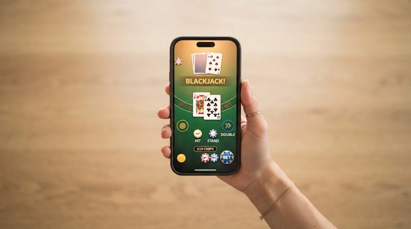 Nahaufnahme einer Hand, die ein Smartphone mit einem Kartenspiel-Bildschirm hält.