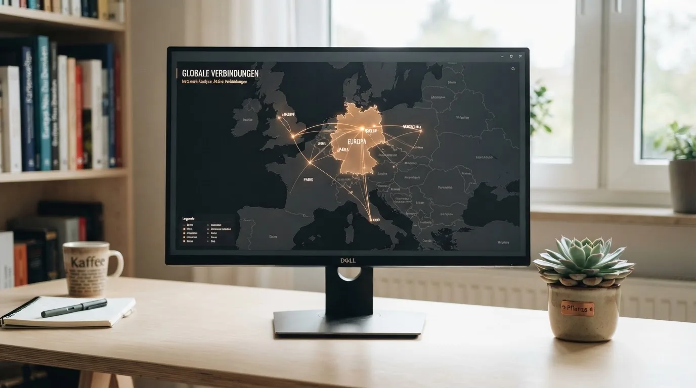 Weltkarte auf einem Bildschirm mit hervorgehobenen Ländergrenzen und verbundenen Linien.