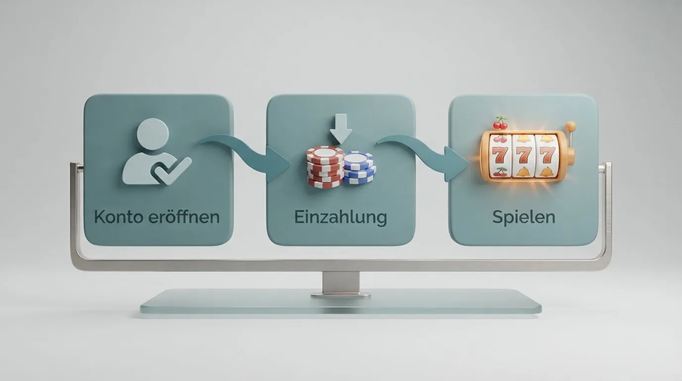 Schematische Illustration eines Ablaufdiagramms mit Pfeilen zwischen Kontoeröffnung, Einzahlung und Spielstart.