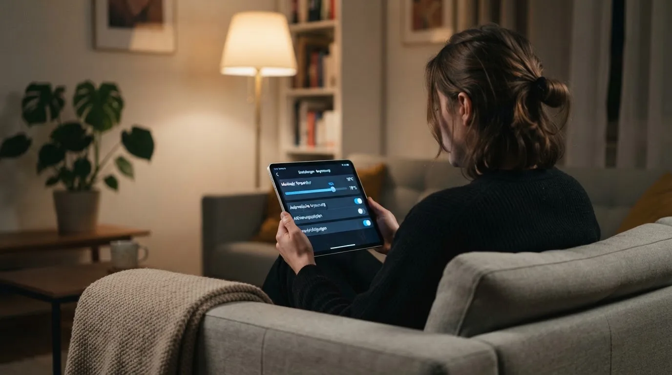 Person betrachtet nachdenklich eine App mit Einstellungsmenü auf einem Tablet in einem ruhigen Wohnzimmer.