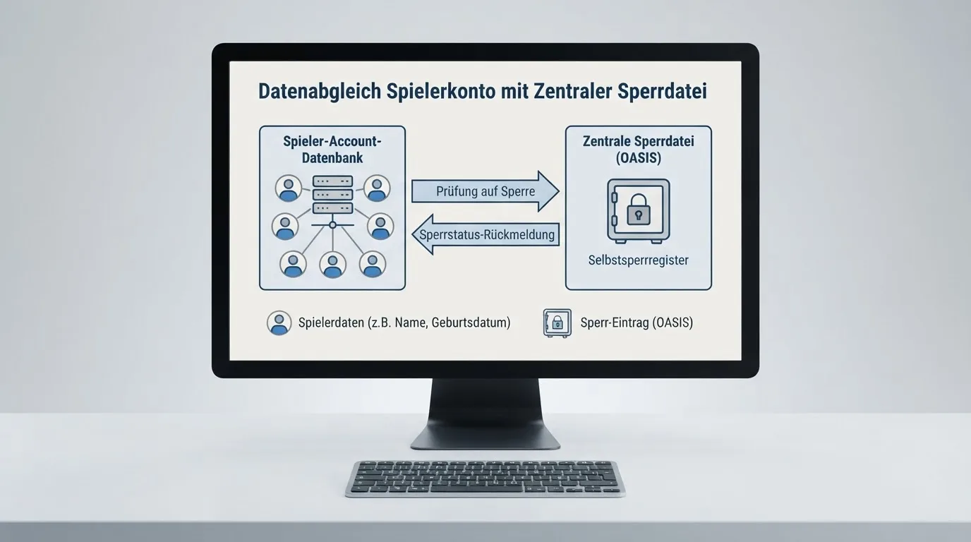 Schema eines Datenabgleichs zwischen einem Spielerkonto und einer zentralen Sperrdatei auf einem Monitor.