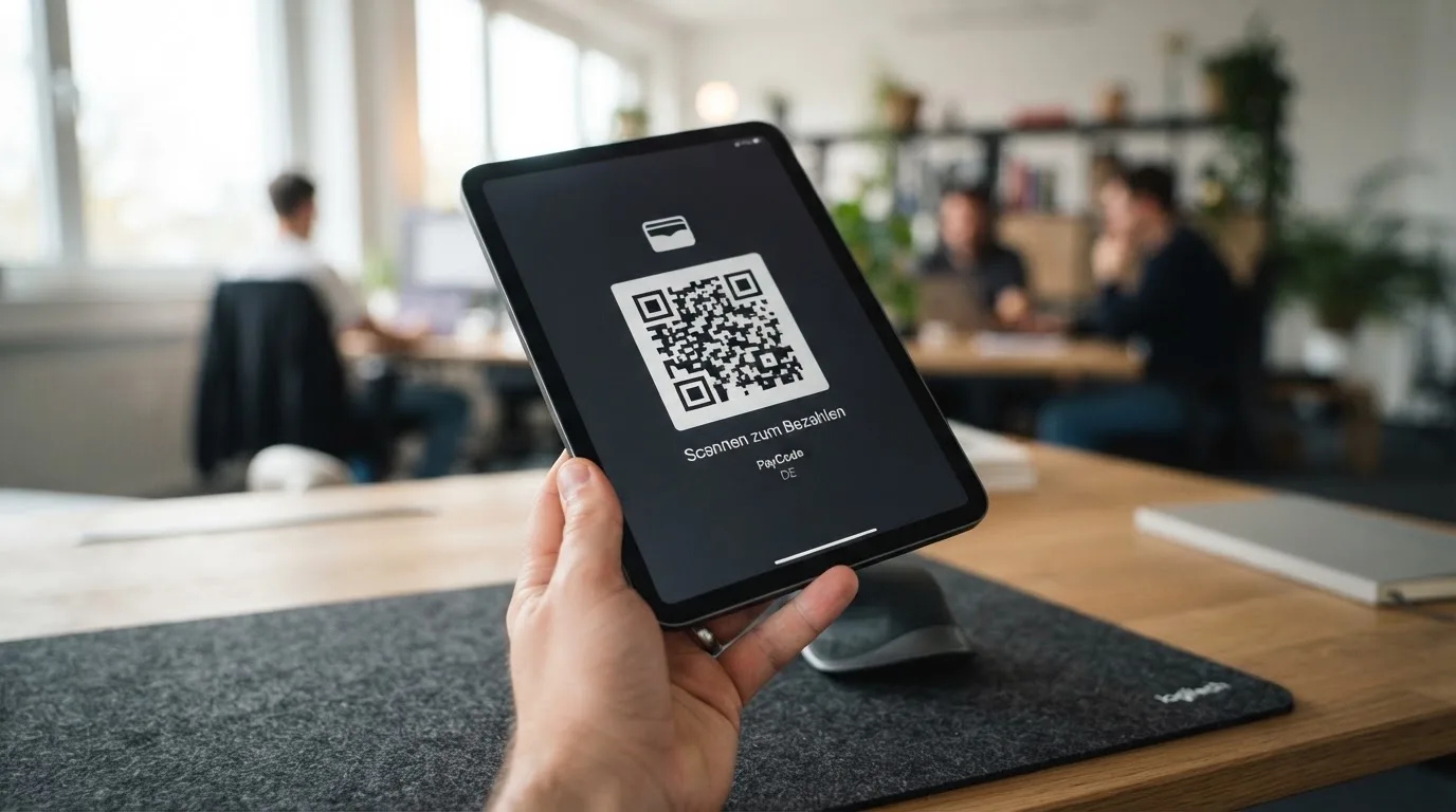 Nahaufnahme einer Hand, die auf einem Tablet einen QR-Code für eine Kryptowährungs-Einzahlung scannt.