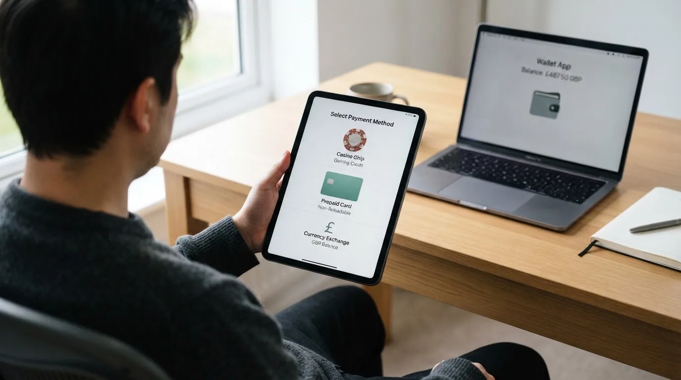 Person zeigt auf einem Tablet eine Liste von Zahlungsmethoden, während im Hintergrund ein Laptop mit einer Wallet-App steht.