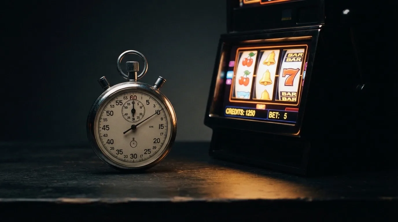 Symbolbild einer Stoppuhr neben einem Spielautomaten-Bildschirm, das ein Zeitintervall andeutet.